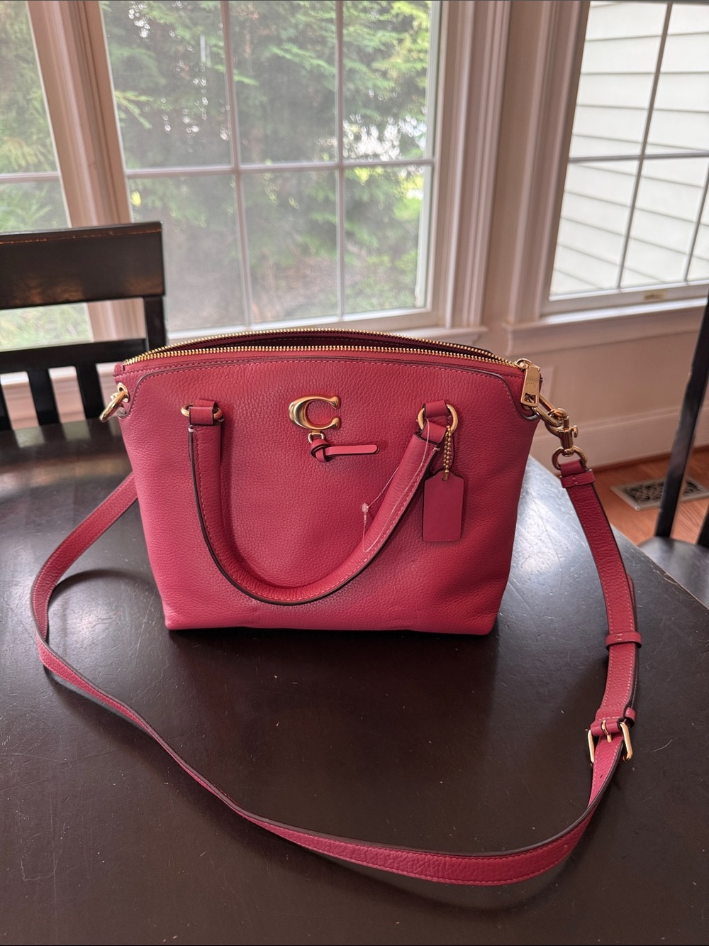 NWT Coach Pink Pebbled Leather Crossbody Satchel with Gold Hardware